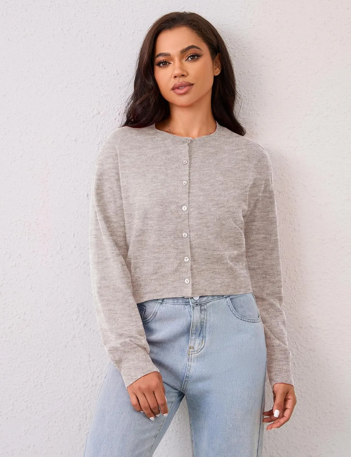 MISSACTIVER Women's Button Down Cropped Cardigan Sweater Solid Open Front Long Sleeve Crewneck Knitted Fall Cardigans Jacket