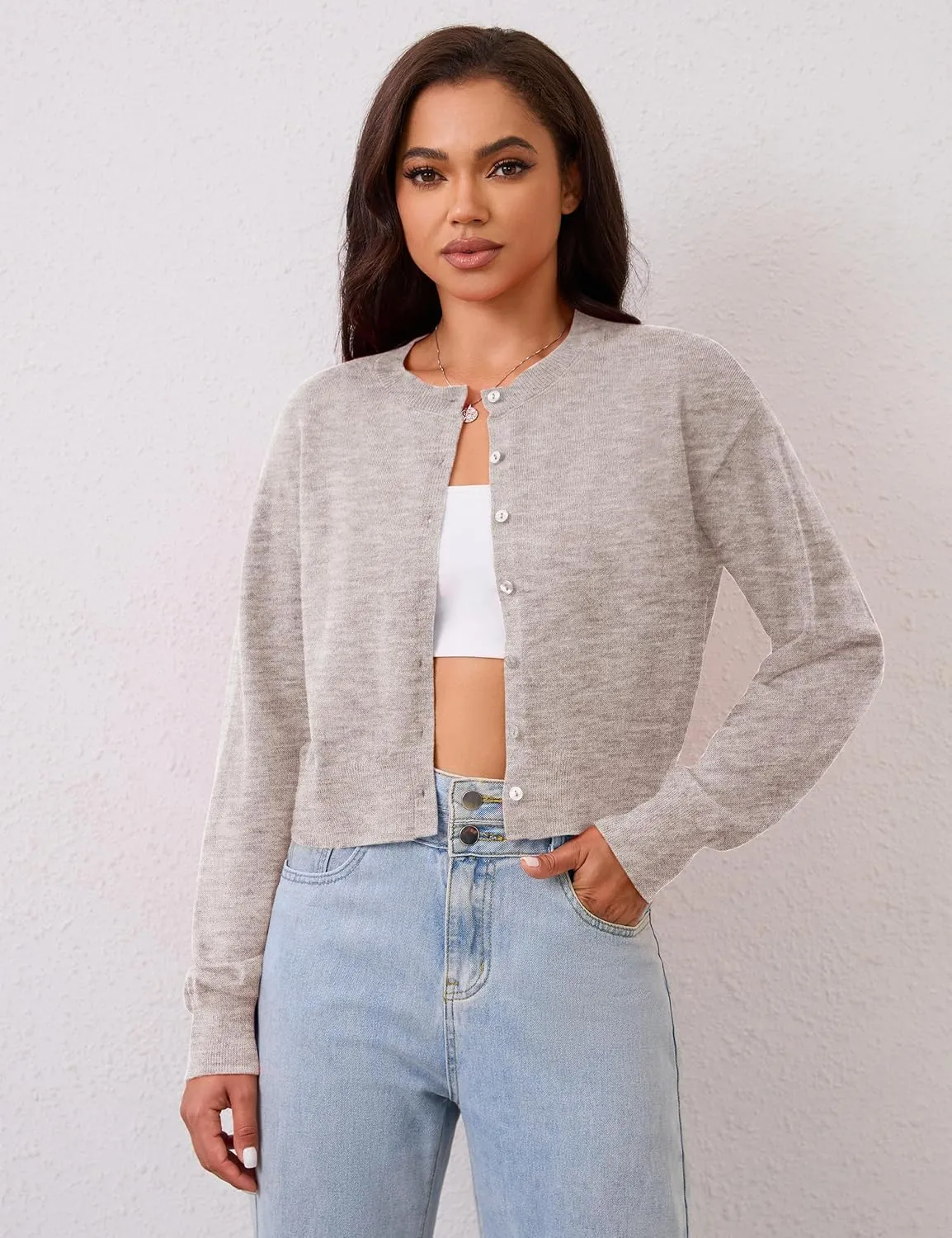MISSACTIVER Women's Button Down Cropped Cardigan Sweater Solid Open Front Long Sleeve Crewneck Knitted Fall Cardigans Jacket