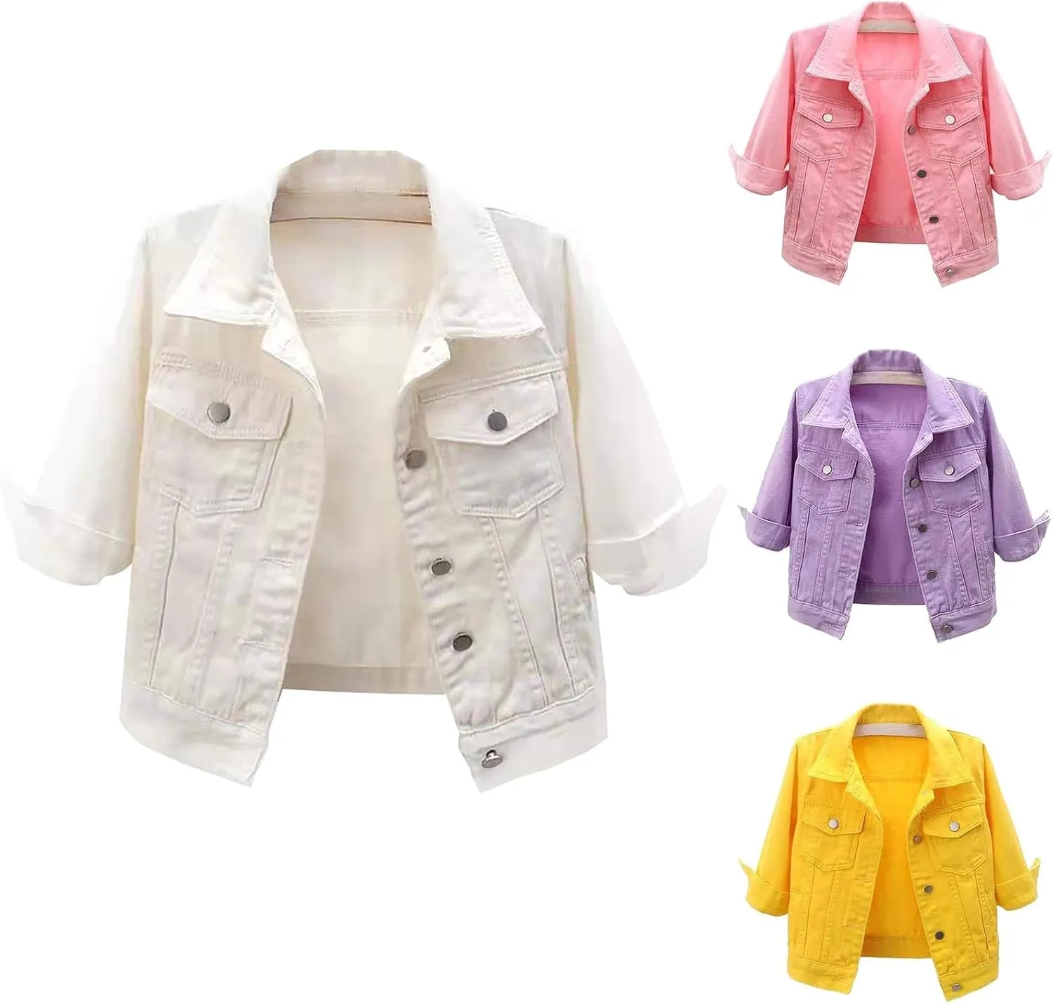 Miyaomn Womens 3/4 Sleeve Short Denim Jacket Lapel Collared Button Down Cropped Jean Jackets Pockets Casual Work Trucker Coat