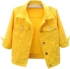 Miyaomn Womens 3/4 Sleeve Short Denim Jacket Lapel Collared Button Down Cropped Jean Jackets Pockets Casual Work Trucker Coat