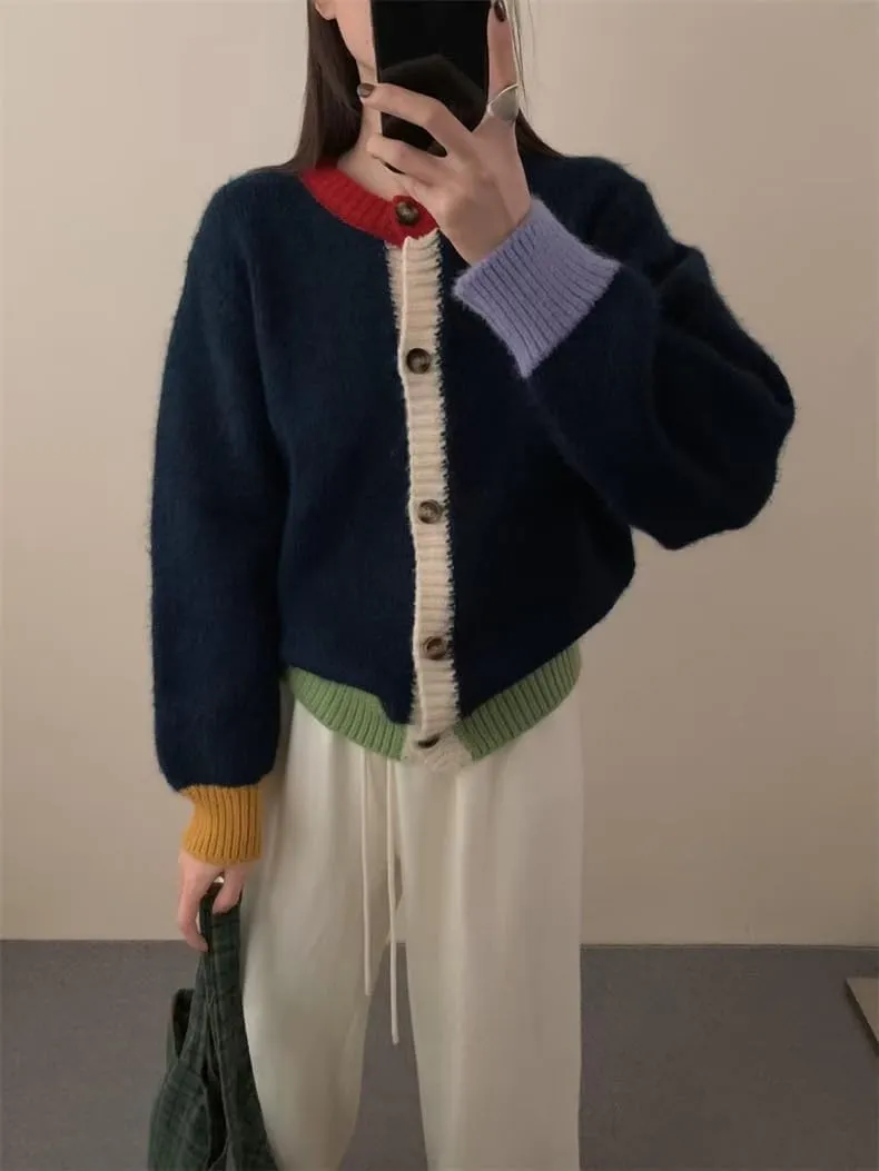 MOLERFO Color Block Cardigan Sweater Cute Sweaters Y2k Button Down Cropped Knit Cardigan Fall Sweater Trendy 2024