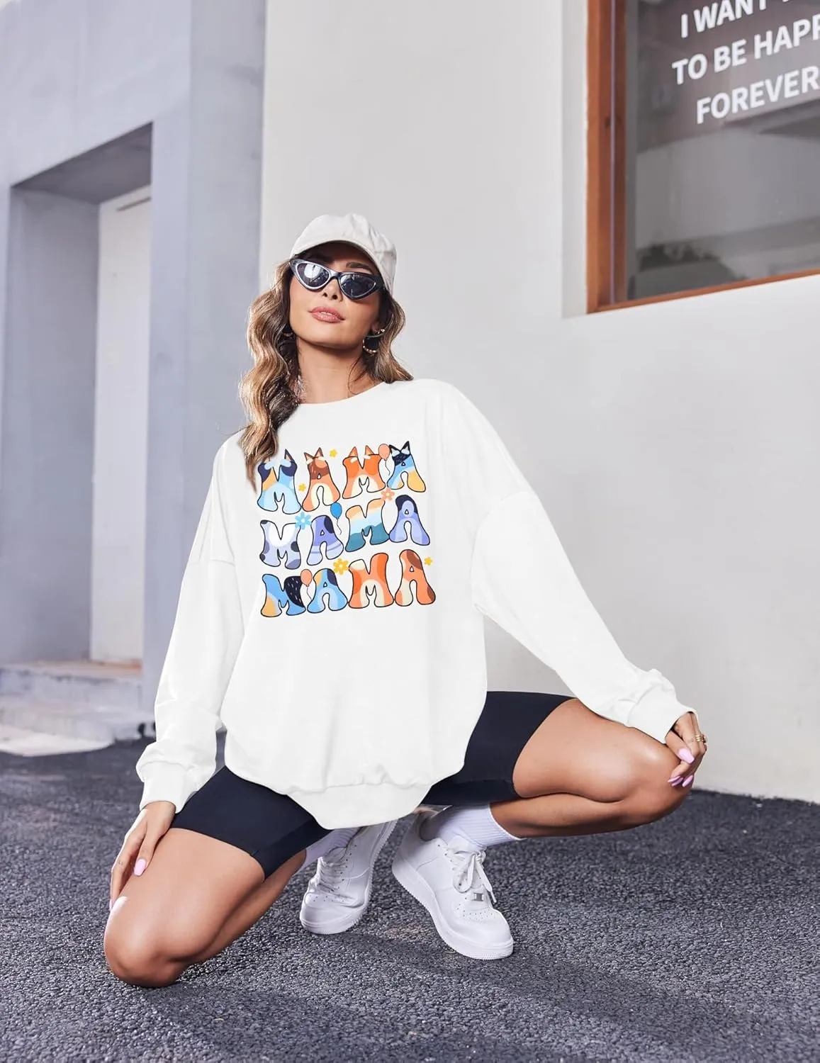 MOUSYA Oversized Mama Sweatshirt Woman Mama Letter Print Pullover Tops Trendy Shirt Casual Crewneck Loose Sweatshirts
