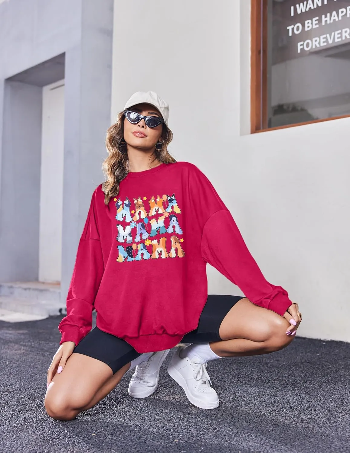 MOUSYA Oversized Mama Sweatshirt Woman Mama Letter Print Pullover Tops Trendy Shirt Casual Crewneck Loose Sweatshirts