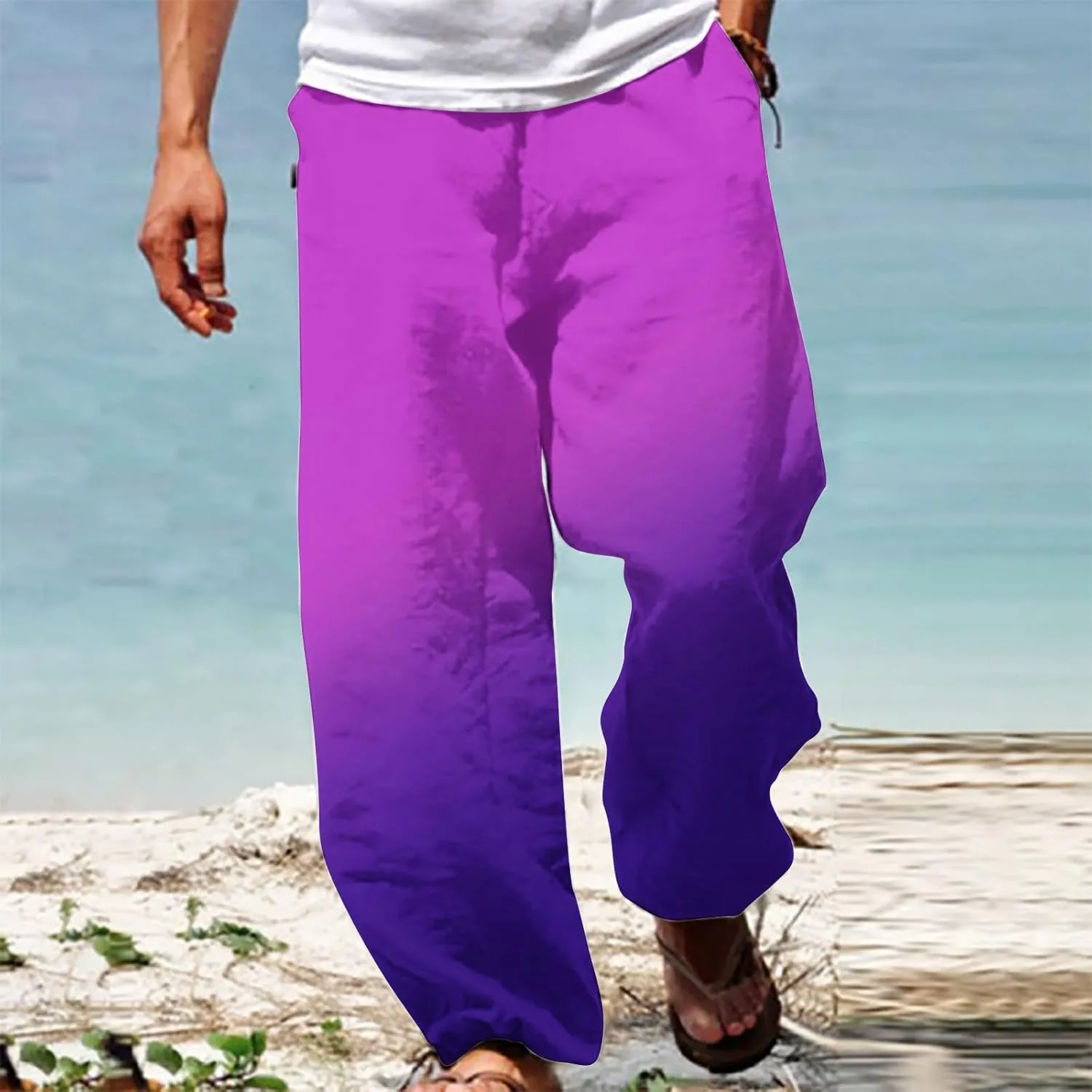 Muscularfit Mens Stretch Pants Casual Loose Drawstring Cotton Linen Straight Legs Fashion Gradient Color Stretch Trousers