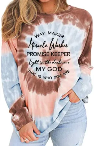 MUZHI Women's Casual Color Block Tie Dye Crewneck Faith Over Fear Long Sleeve Loose Pullover Sweatshirt Tops