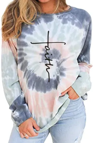 MUZHI Women's Casual Color Block Tie Dye Crewneck Faith Over Fear Long Sleeve Loose Pullover Sweatshirt Tops