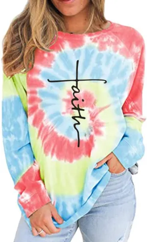 MUZHI Women's Casual Color Block Tie Dye Crewneck Faith Over Fear Long Sleeve Loose Pullover Sweatshirt Tops