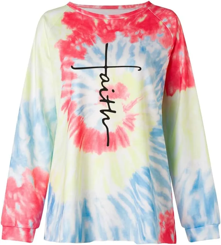 MUZHI Women's Casual Color Block Tie Dye Crewneck Faith Over Fear Long Sleeve Loose Pullover Sweatshirt Tops