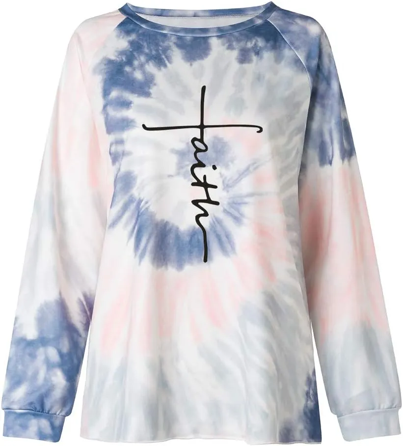 MUZHI Women's Casual Color Block Tie Dye Crewneck Faith Over Fear Long Sleeve Loose Pullover Sweatshirt Tops