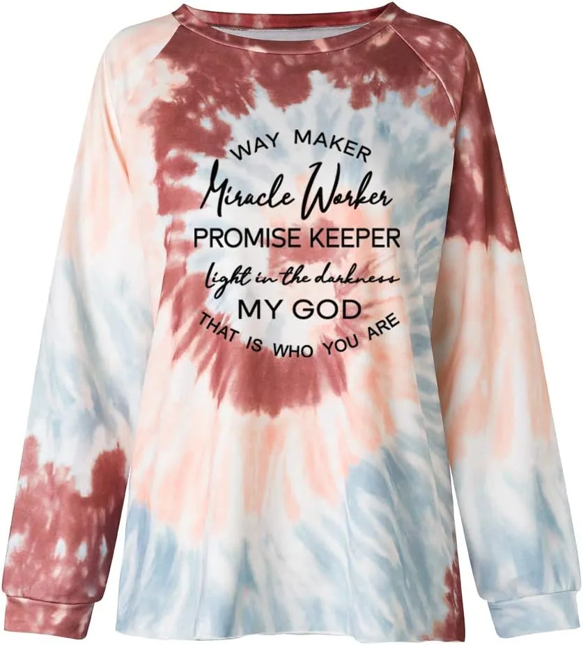 MUZHI Women's Casual Color Block Tie Dye Crewneck Faith Over Fear Long Sleeve Loose Pullover Sweatshirt Tops