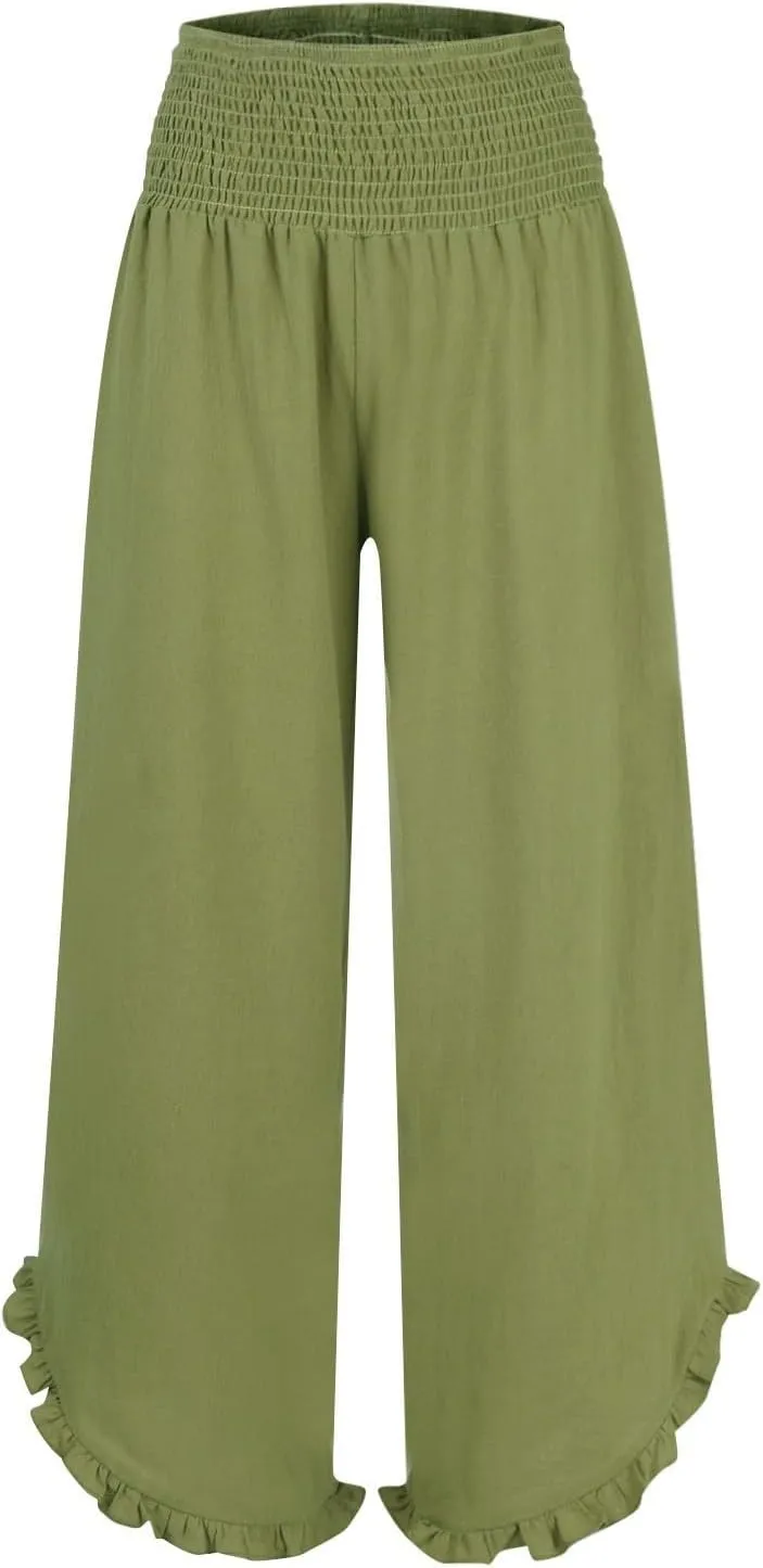 NBXNZWF Womens Linen Palazzo Pants Smock Elastic Waist Wide Leg Flowy Trousers 2025 Summer Ruffle Hem Beach Lounge Pants