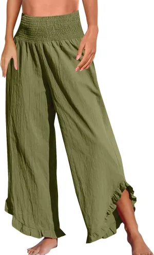 NBXNZWF Womens Linen Palazzo Pants Smock Elastic Waist Wide Leg Flowy Trousers 2025 Summer Ruffle Hem Beach Lounge Pants