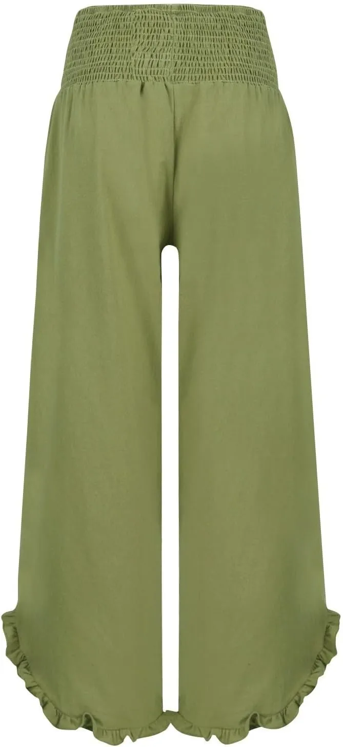 NBXNZWF Womens Linen Palazzo Pants Smock Elastic Waist Wide Leg Flowy Trousers 2025 Summer Ruffle Hem Beach Lounge Pants