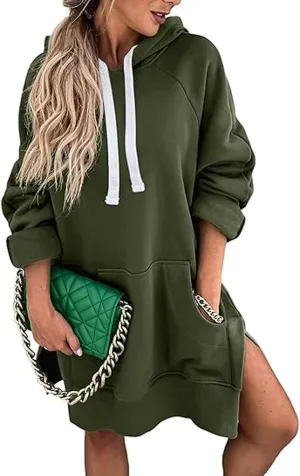 New The Warmy Oversized Hoodie, Hoodie Dress For Women With Pockets, Casual Pullover Sweatshirt Long Sleeve Split Hem