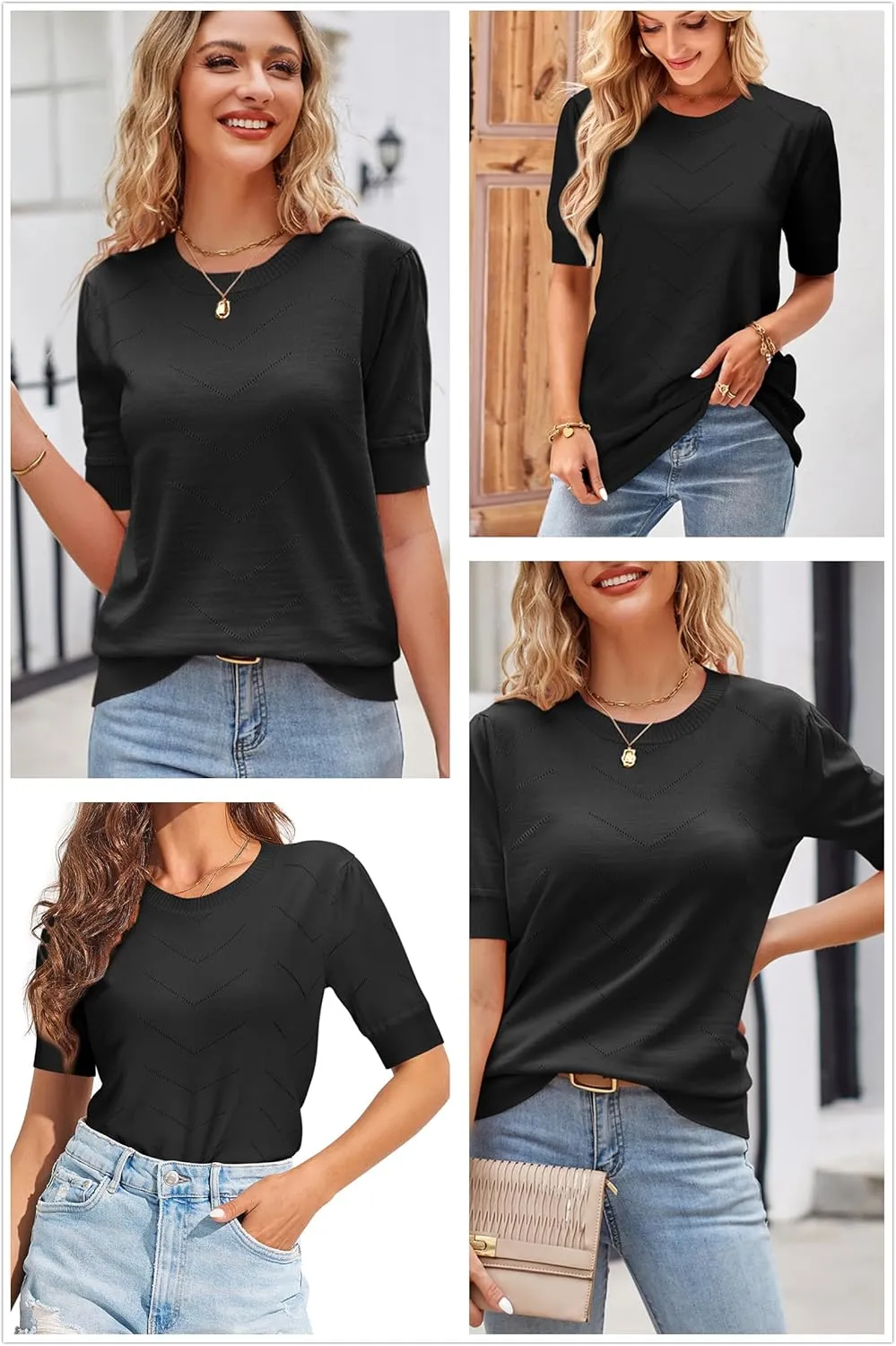 Newshows Womens Summer Short Sleeve Sweater Tops Fall Business Casual Outfits Crewneck Lightweight Dressy Knit Shirts