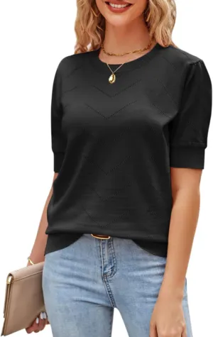 Newshows Womens Summer Short Sleeve Sweater Tops Fall Business Casual Outfits Crewneck Lightweight Dressy Knit Shirts