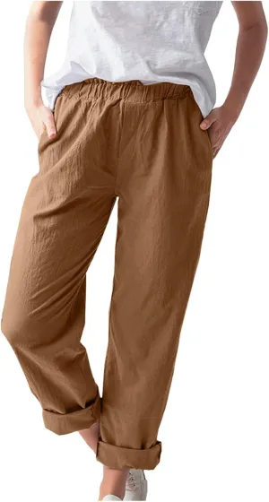 niuwa Cotton Linen Trousers for Women Solid Color Elastic Waist Casual Pants with Pockets Summer Casual Pants (Orange, XL)