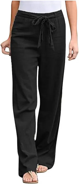 niuwa Cotton Linen Trousers for Women Summer Solid Color Wide Leg Pants Elastic Waist Loose Lounge Pants Sweatpants (Black, XL)