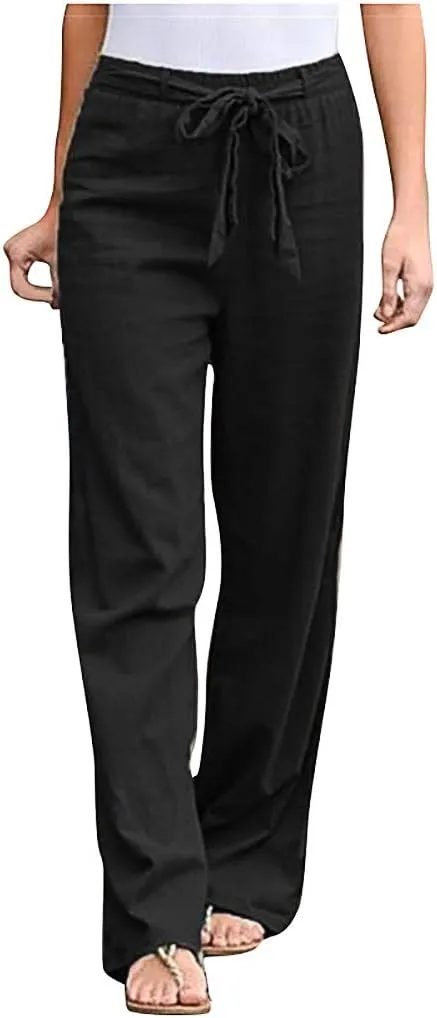 niuwa Cotton Linen Trousers for Women Summer Solid Color Wide Leg Pants Elastic Waist Loose Lounge Pants Sweatpants (Black, XL)