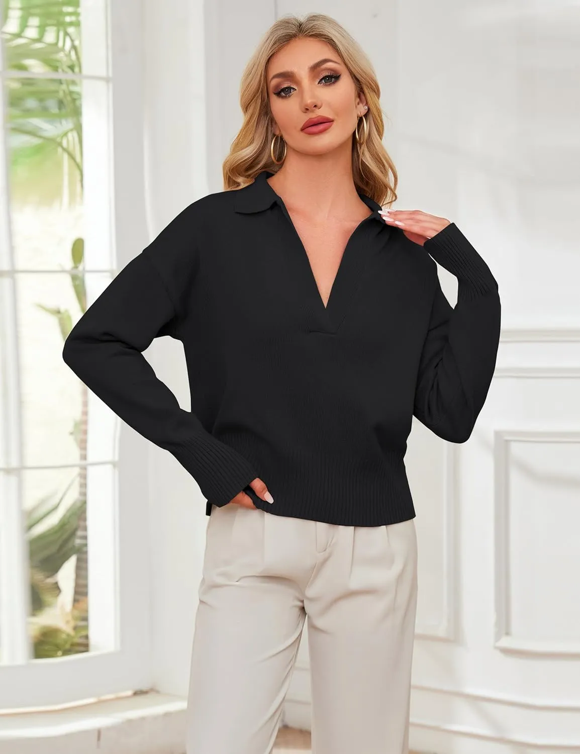 OLAPTA Women Knitted Lapel Collar Crop Sweater Polo V Neck Long Sleeve Loose Fit Casual Comfy Pullover Sweater Jumper Tops