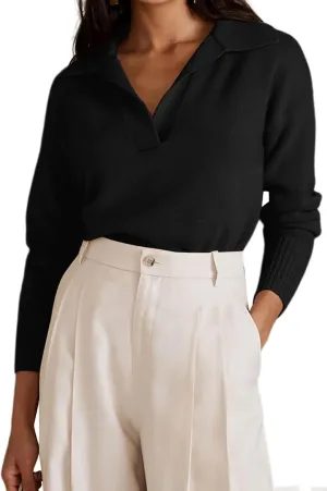 OLAPTA Women Knitted Lapel Collar Crop Sweater Polo V Neck Long Sleeve Loose Fit Casual Comfy Pullover Sweater Jumper Tops