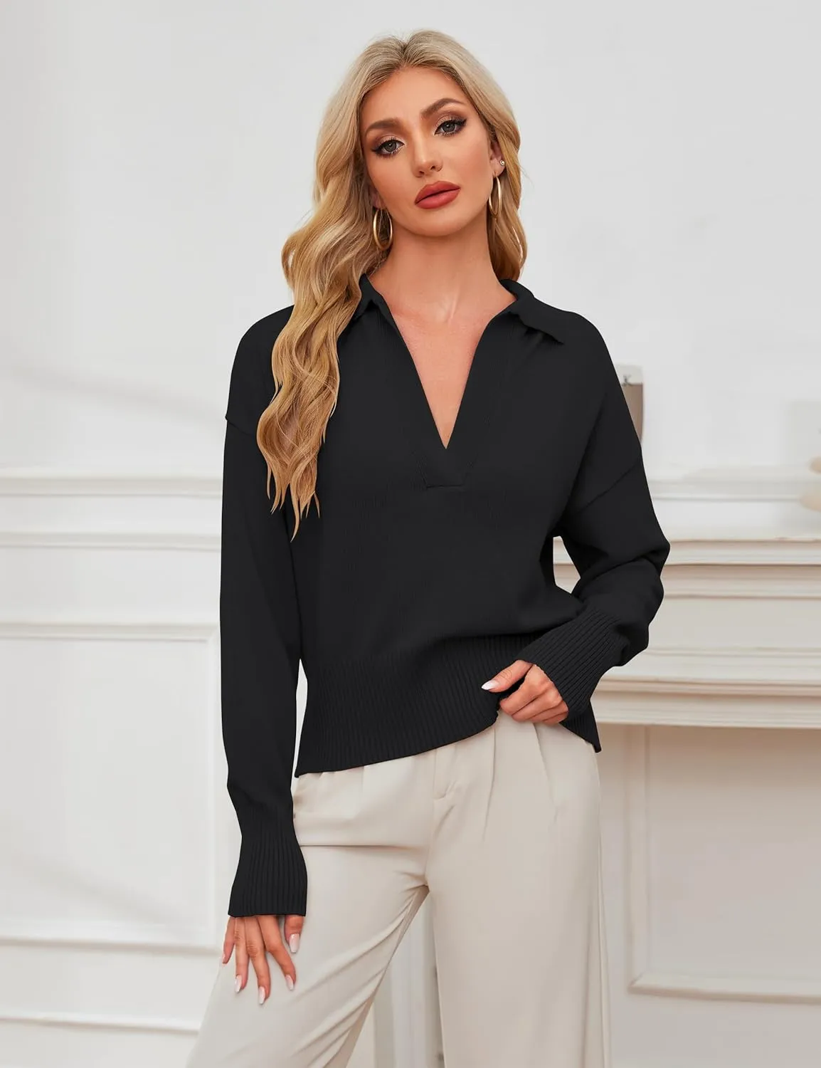 OLAPTA Women Knitted Lapel Collar Crop Sweater Polo V Neck Long Sleeve Loose Fit Casual Comfy Pullover Sweater Jumper Tops
