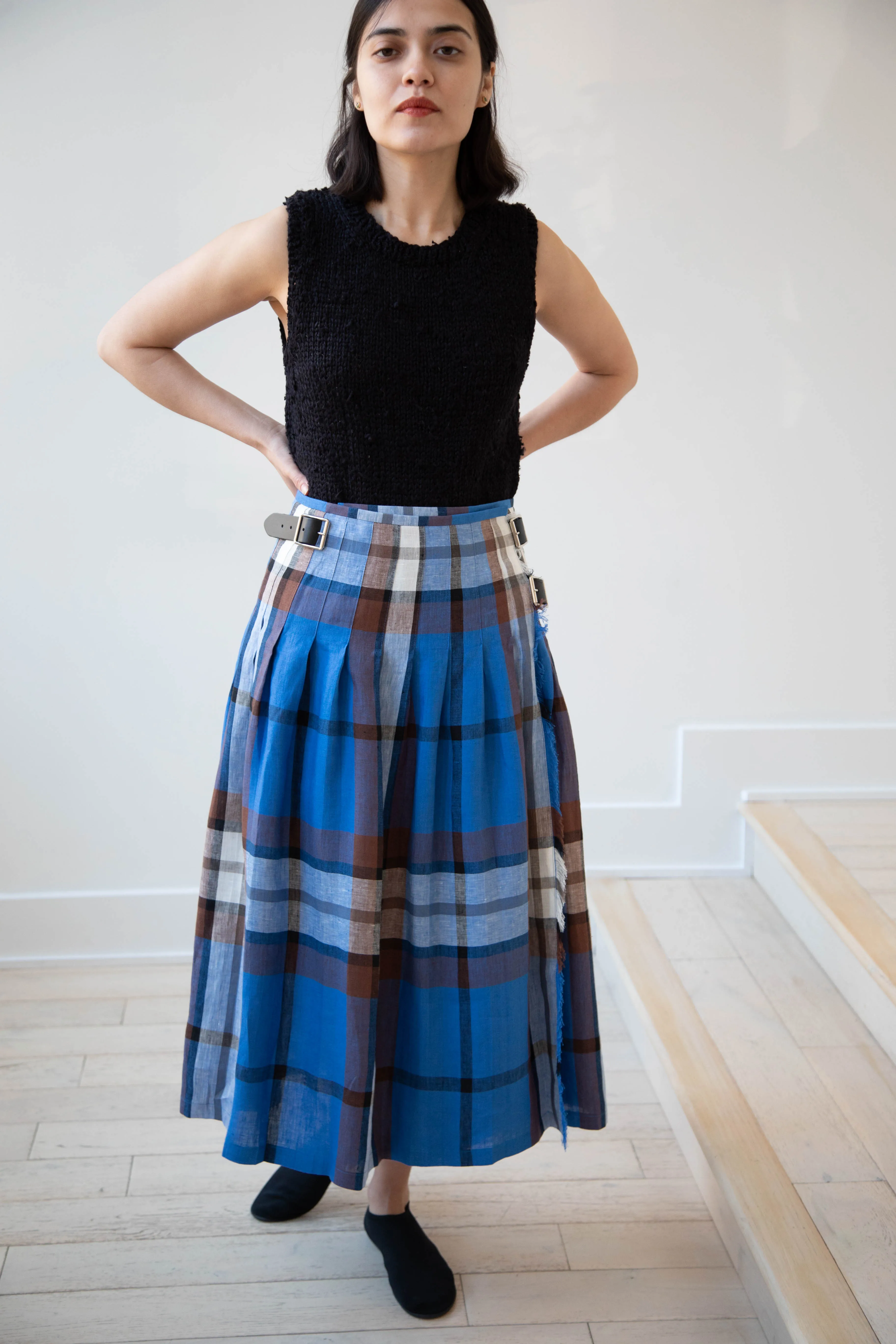 O'Neil of Dublin | Linen Pleated Skirt in Blue Check
