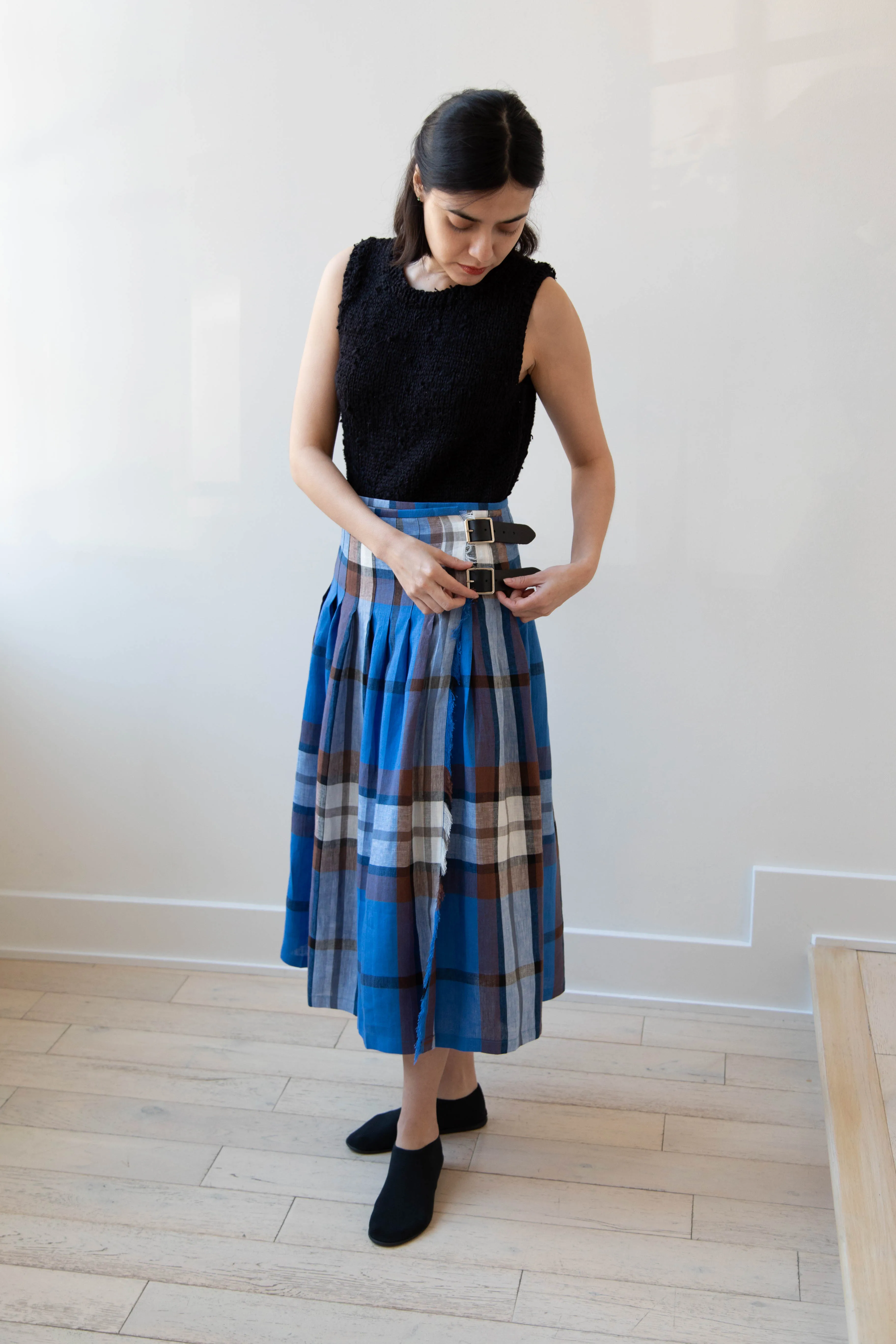 O'Neil of Dublin | Linen Pleated Skirt in Blue Check