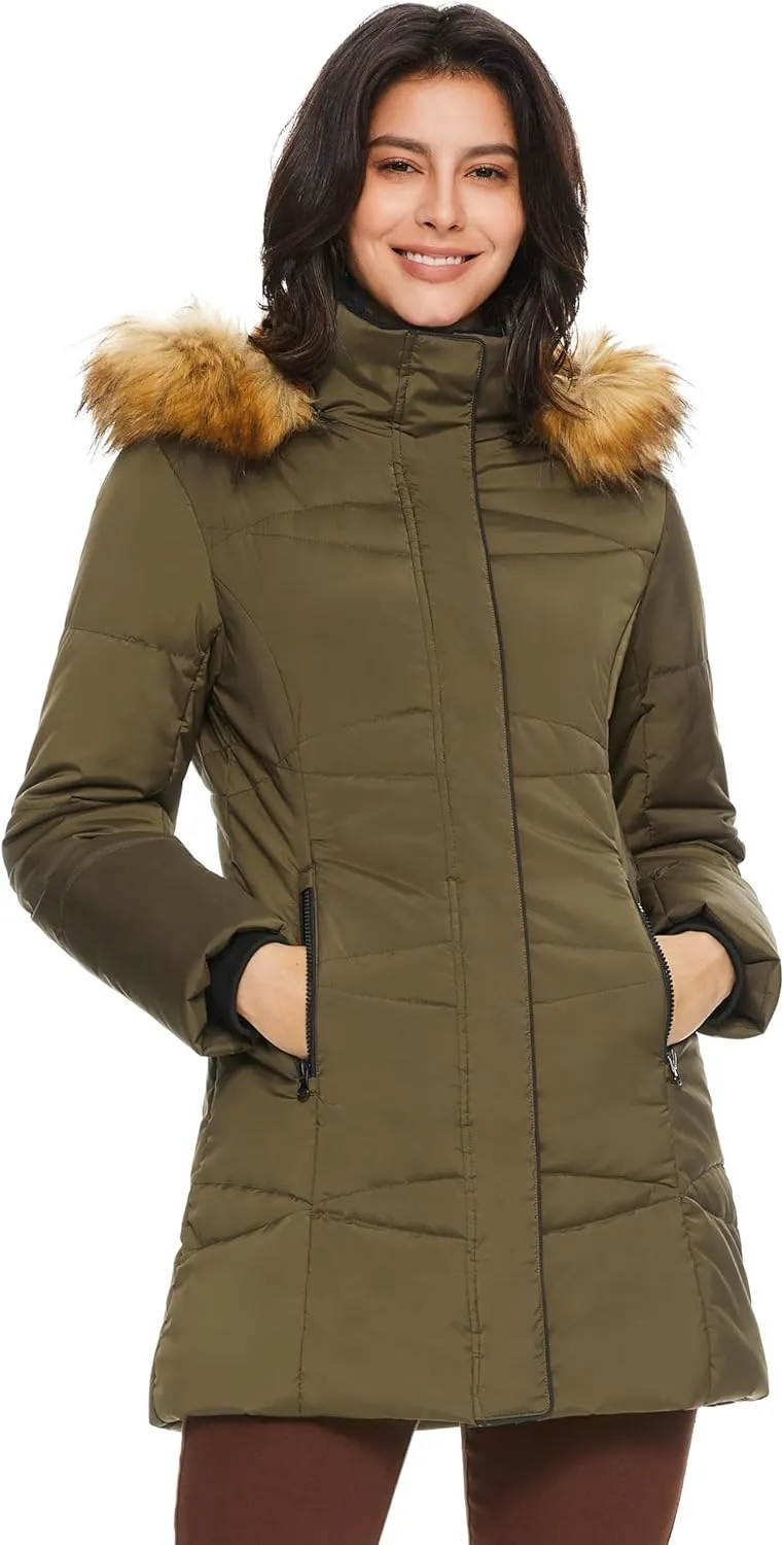 Orolay Womens Insulated Jacket with Removable Hood Faux Fur Zip up Winter Coat Mid-length
