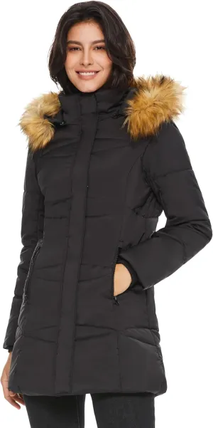 Orolay Womens Insulated Jacket with Removable Hood Faux Fur Zip up Winter Coat Mid-length