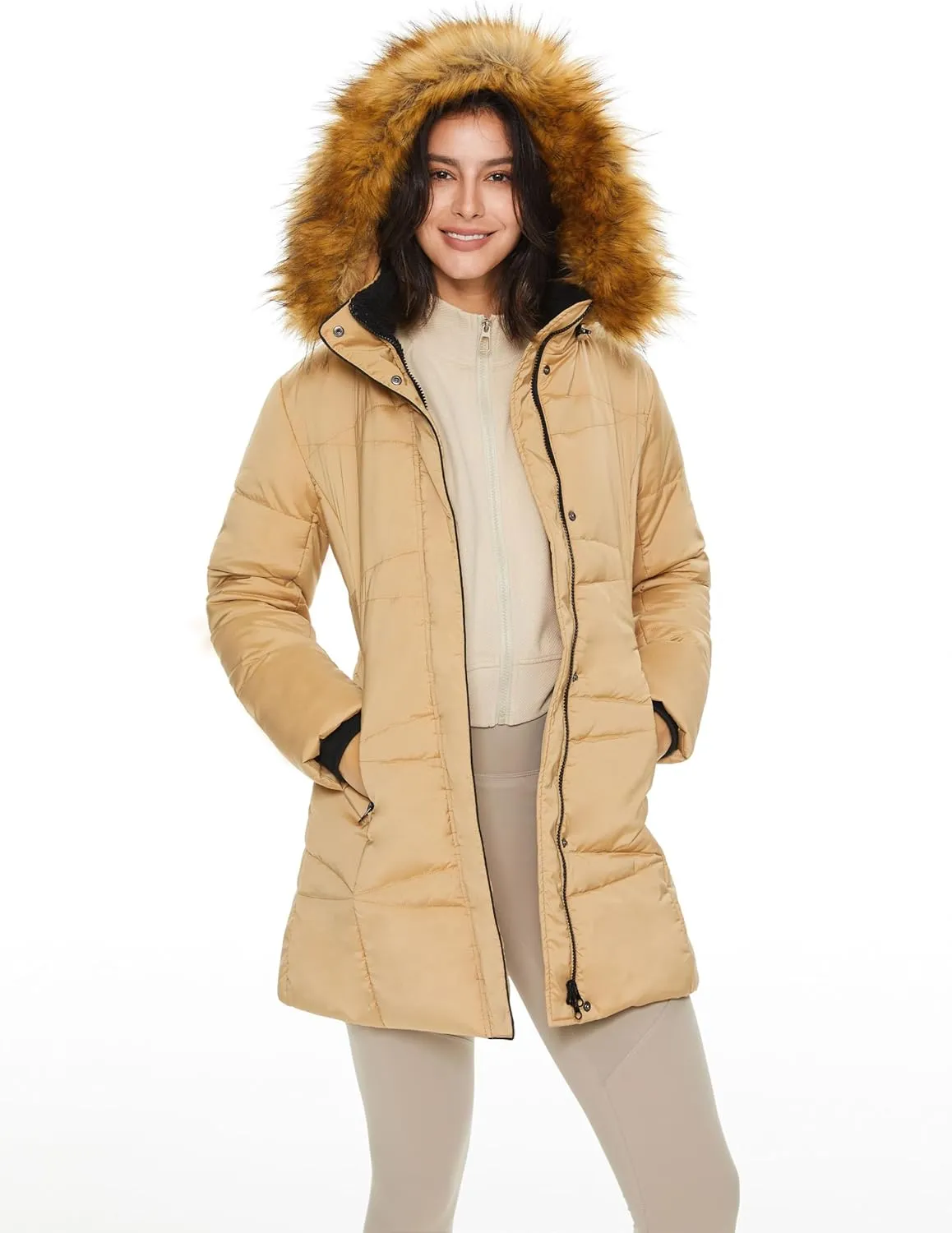 Orolay Womens Insulated Jacket with Removable Hood Faux Fur Zip up Winter Coat Mid-length