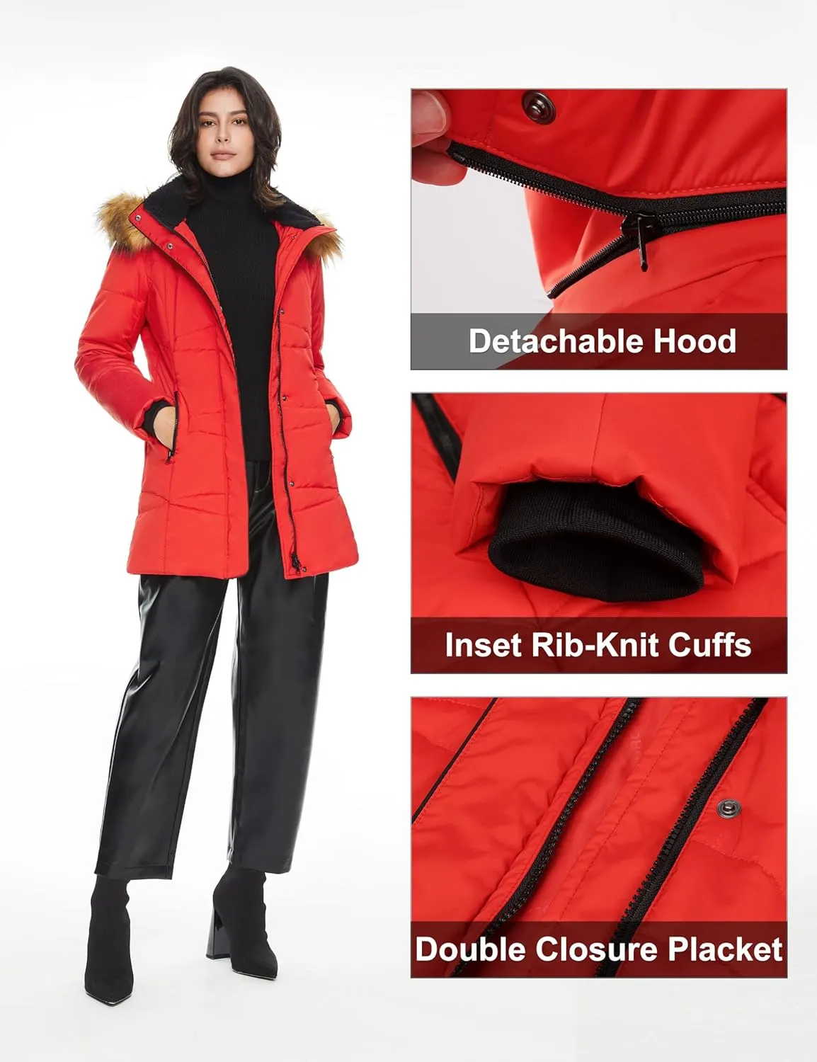Orolay Womens Insulated Jacket with Removable Hood Faux Fur Zip up Winter Coat Mid-length