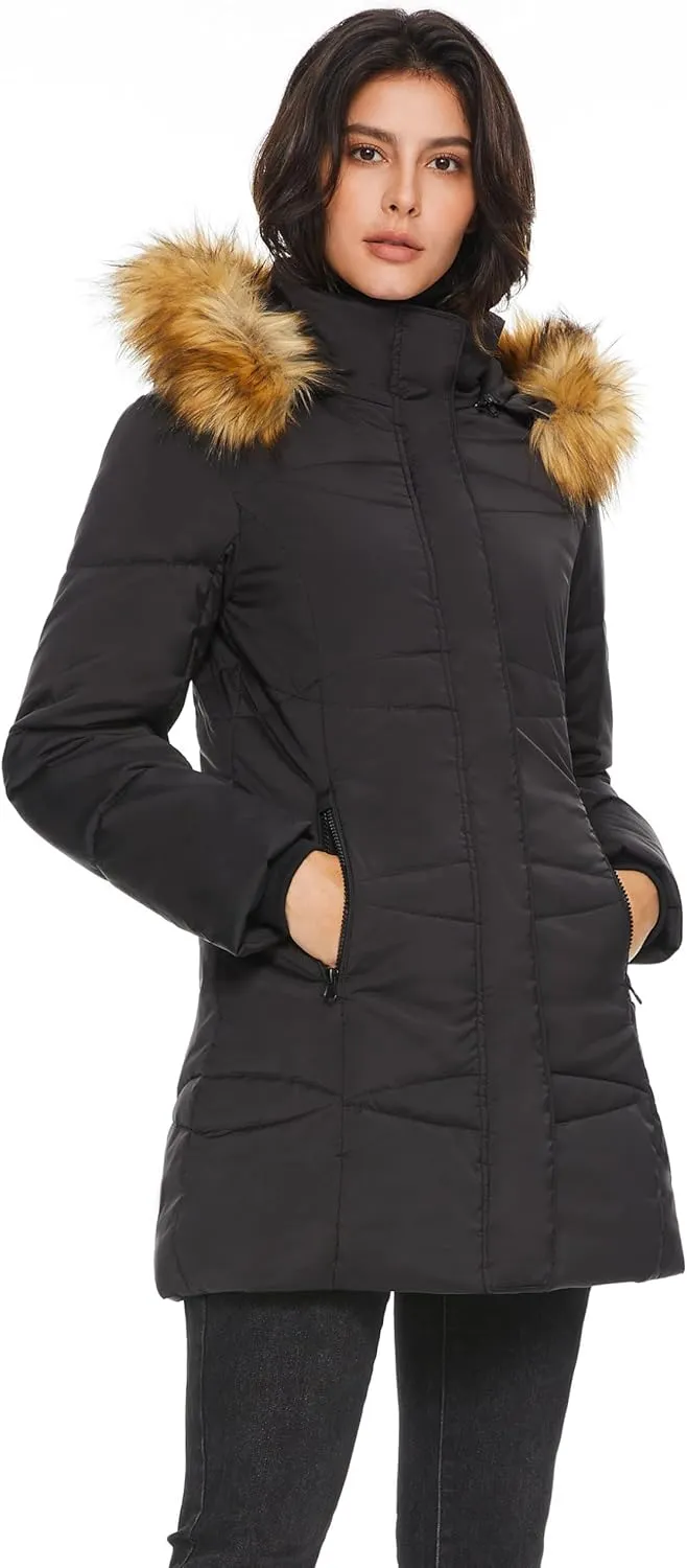 Orolay Womens Insulated Jacket with Removable Hood Faux Fur Zip up Winter Coat Mid-length