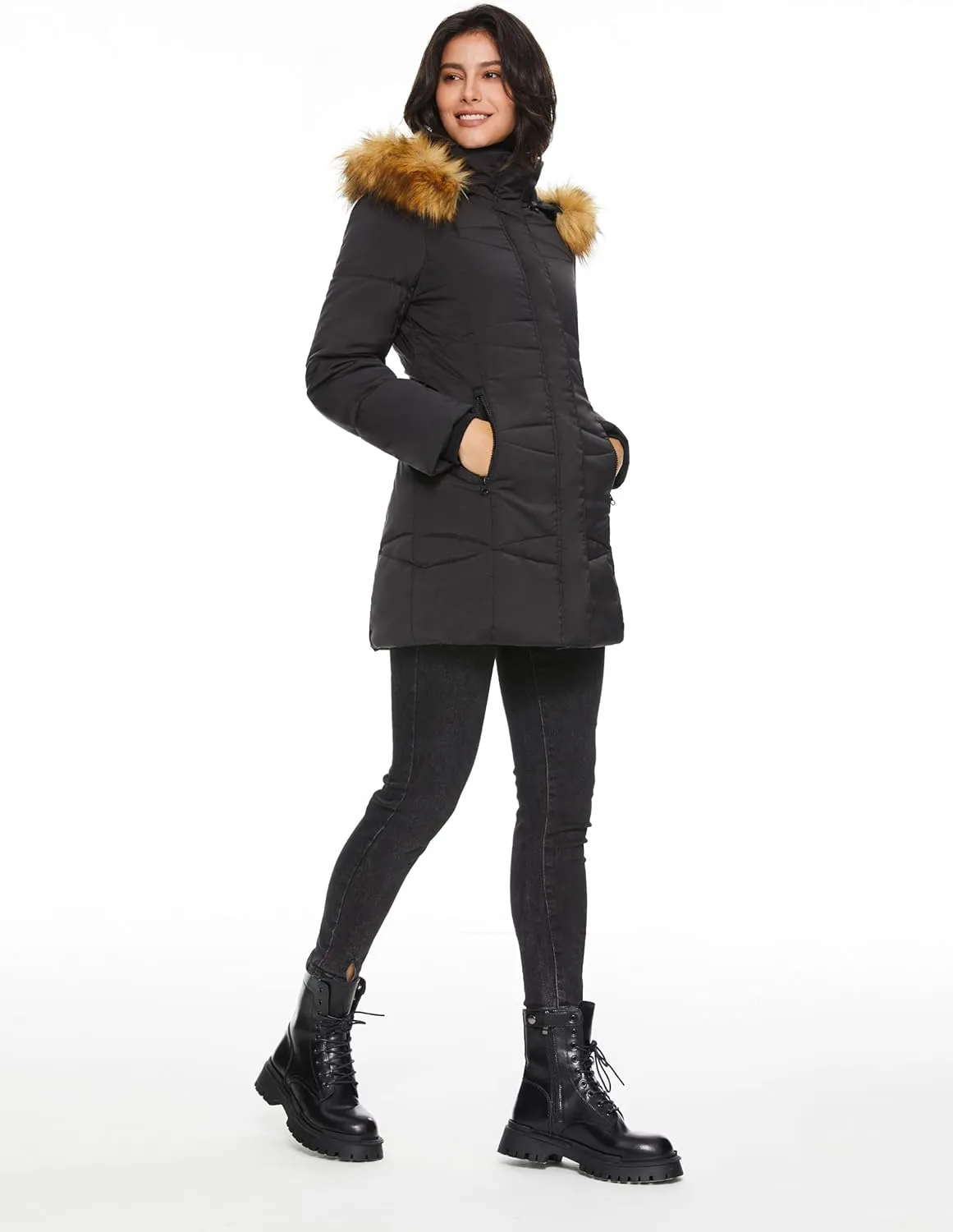 Orolay Womens Insulated Jacket with Removable Hood Faux Fur Zip up Winter Coat Mid-length
