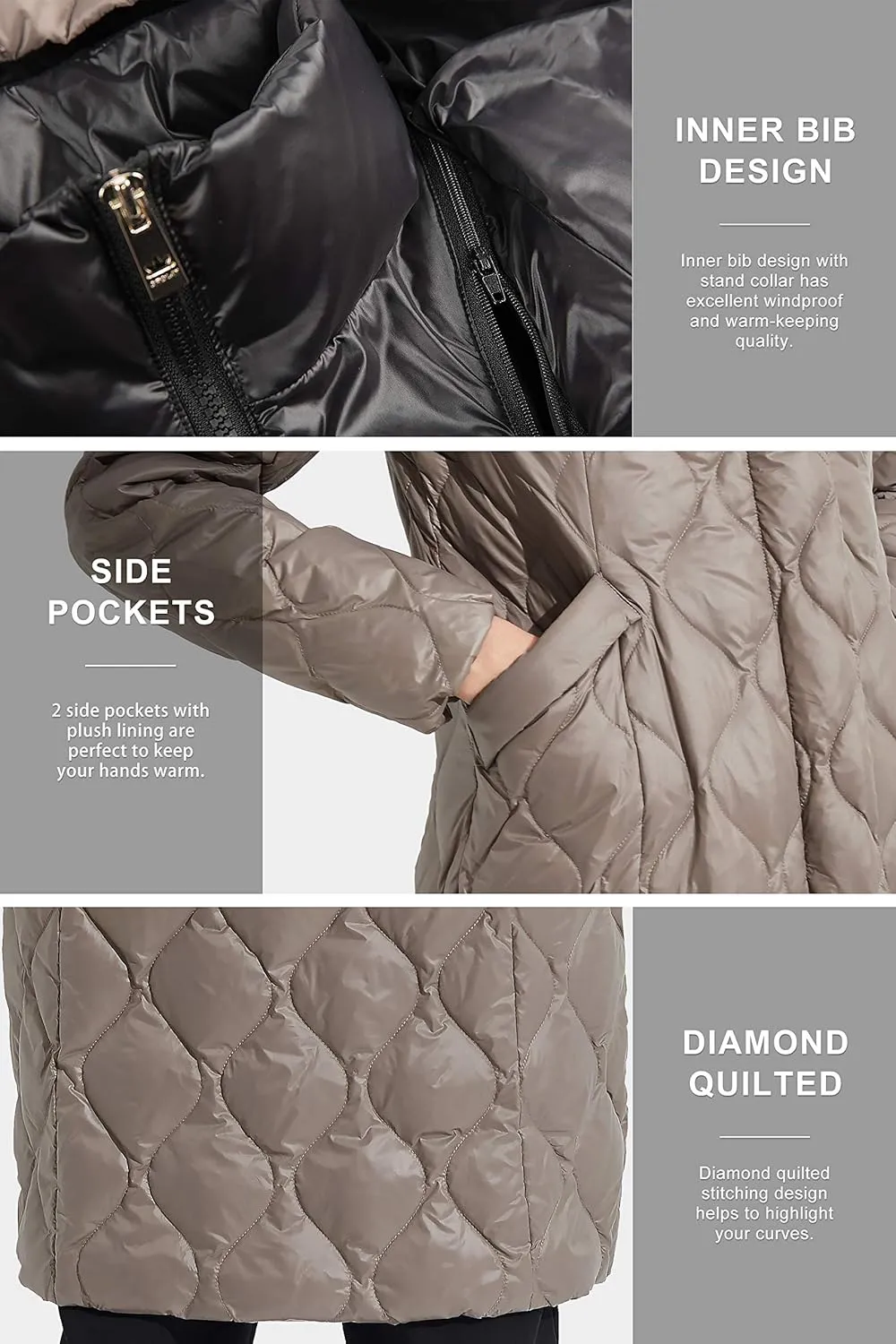 Orolay Women's Long Winter Coat Inner Bib Down Jacket Hooded Puffer Jacket