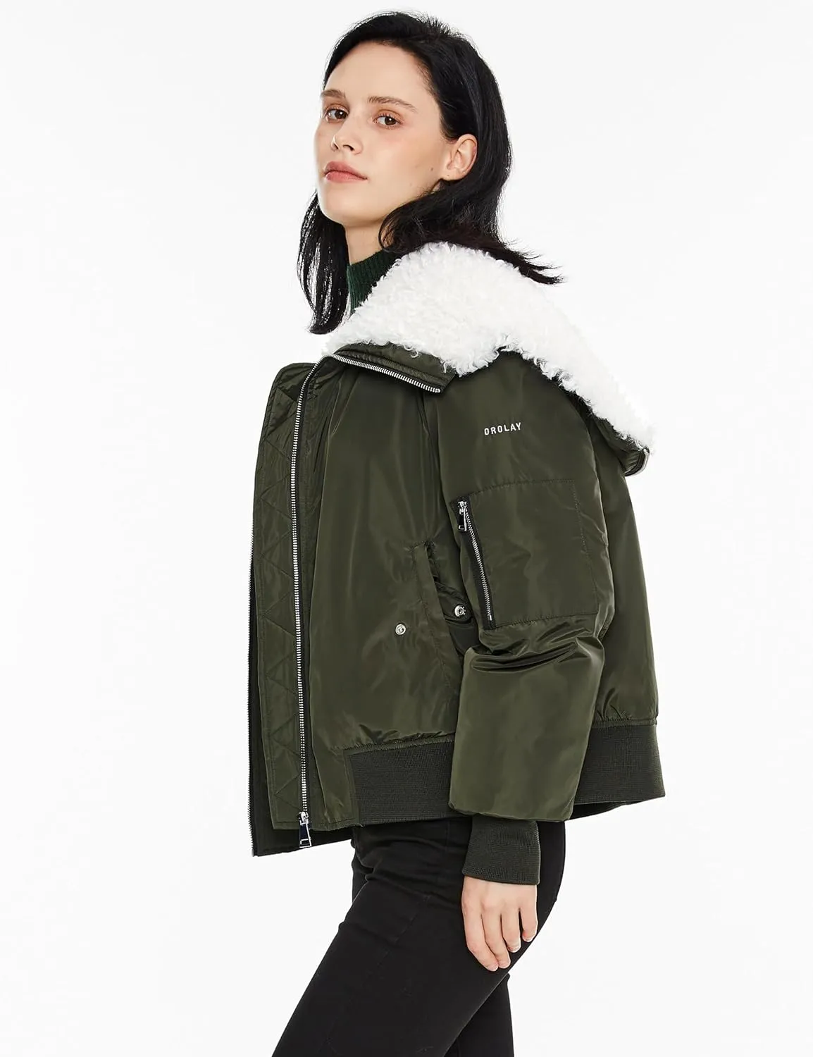 Orolay Women's Winter Bomber Jacket - Fleece Lined Hooded Parka Cropped Warm Coat