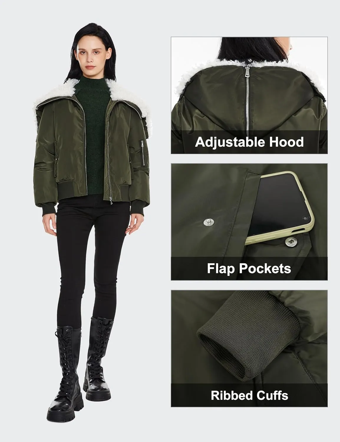 Orolay Women's Winter Bomber Jacket - Fleece Lined Hooded Parka Cropped Warm Coat