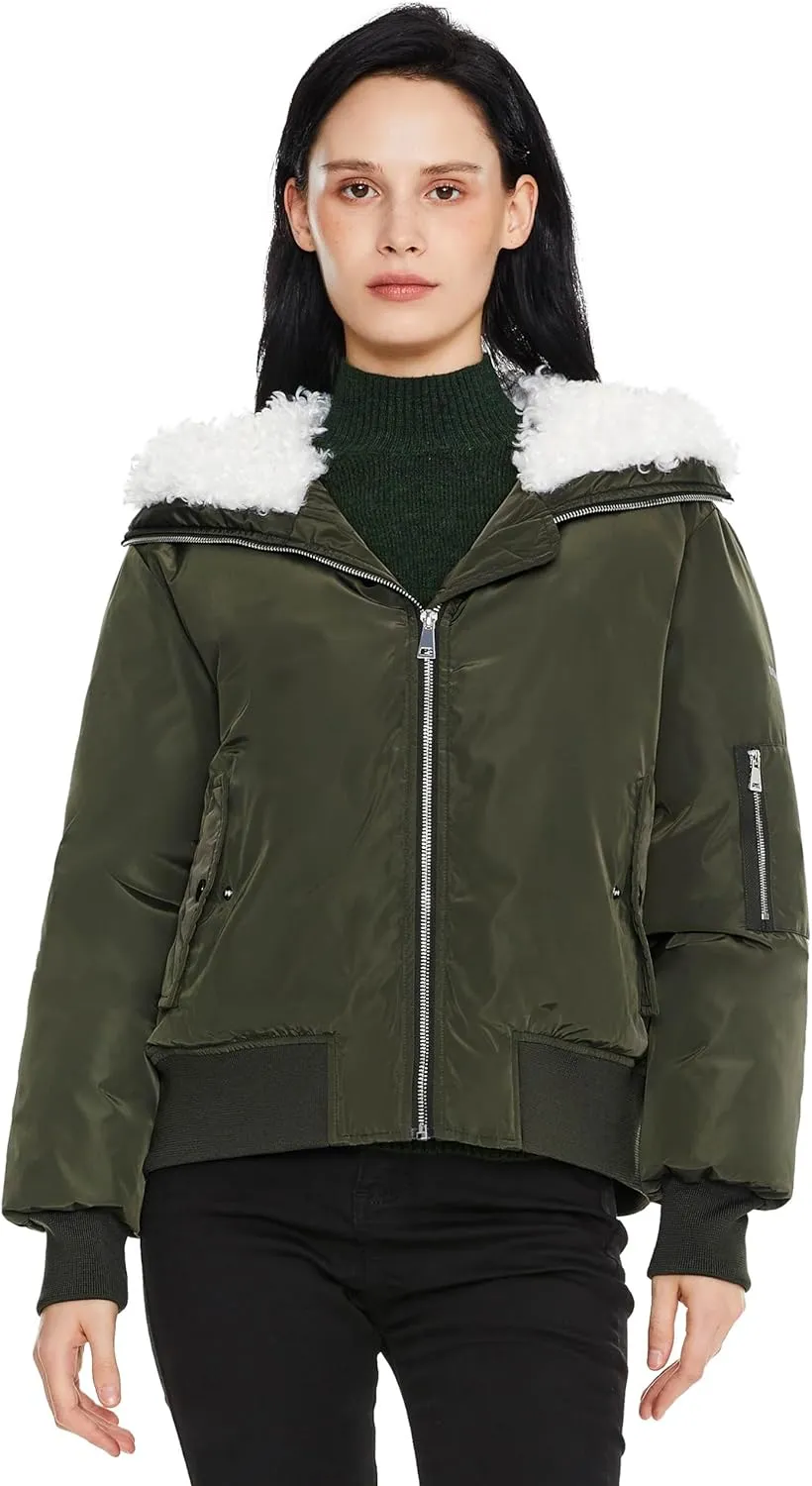 Orolay Women's Winter Bomber Jacket - Fleece Lined Hooded Parka Cropped Warm Coat