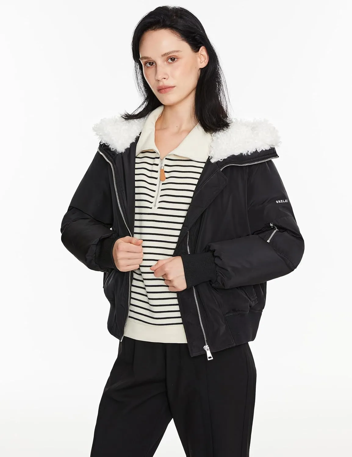 Orolay Women's Winter Bomber Jacket - Fleece Lined Hooded Parka Cropped Warm Coat