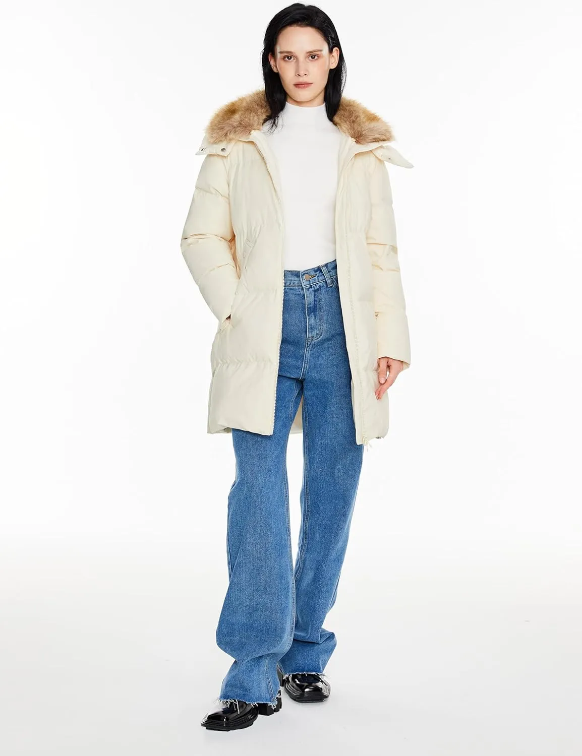 Orolay Women's Winter Thicken Puffer Jacket with Removable Faux Fur Hood Mid-Length Down Coat