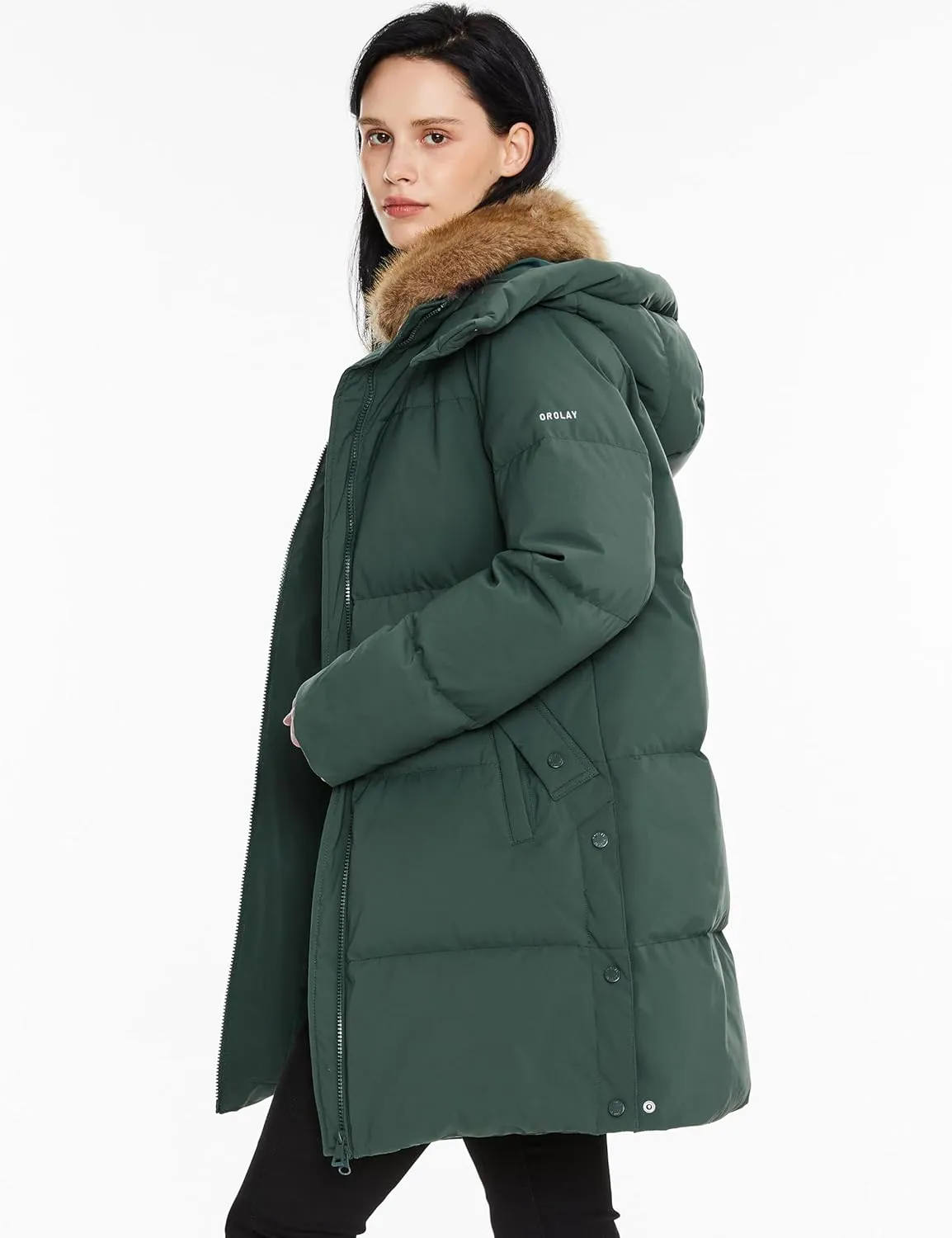 Orolay Women's Winter Thicken Puffer Jacket with Removable Faux Fur Hood Mid-Length Down Coat