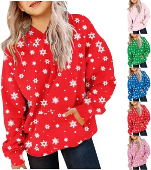 Oversized Hoodies For Teen Girls Boys Christmas Sweatshirts Snowflake Print Pullover Tops With Pocket 2-13 Years