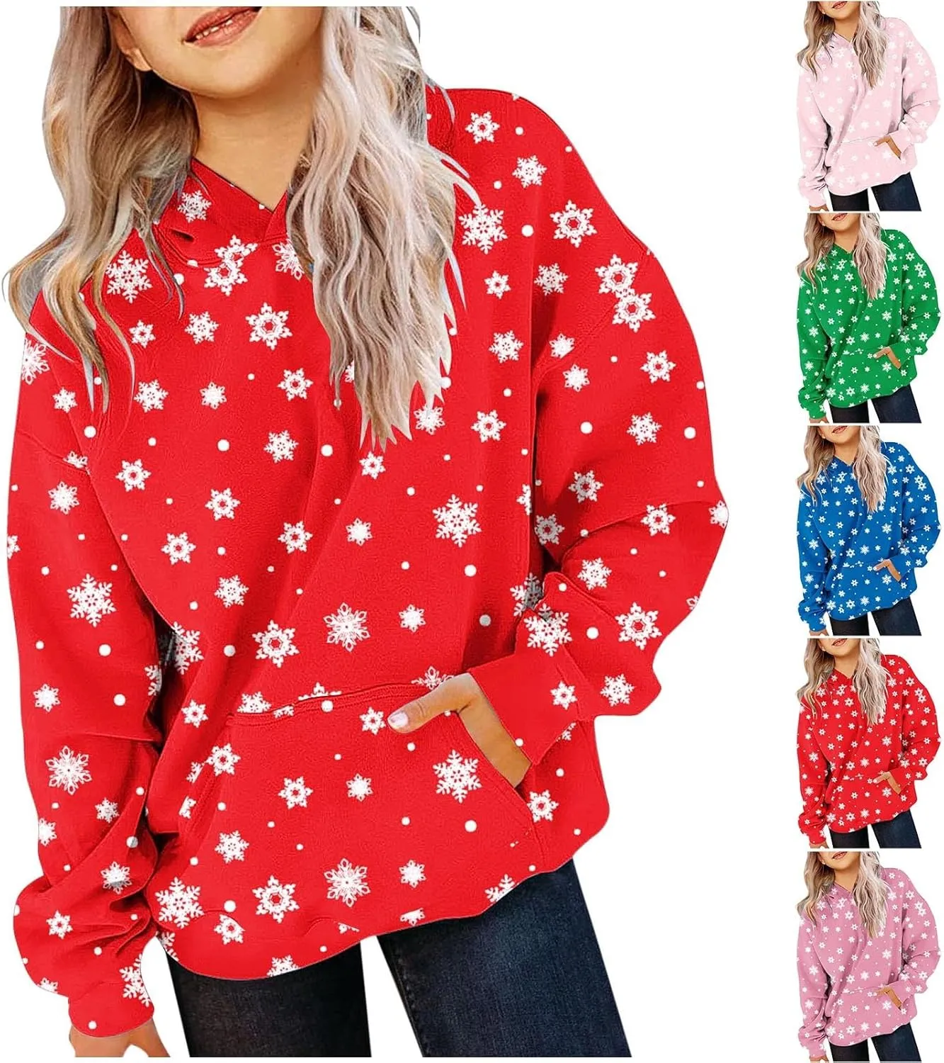 Oversized Hoodies For Teen Girls Boys Christmas Sweatshirts Snowflake Print Pullover Tops With Pocket 2-13 Years