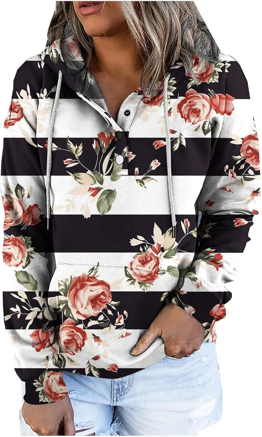 Oversized Hoodies for Women Fall Fashion Button Down Loose Fit Sweatshirt Long Sleeve Cute Drawstring Workout Hoodie
