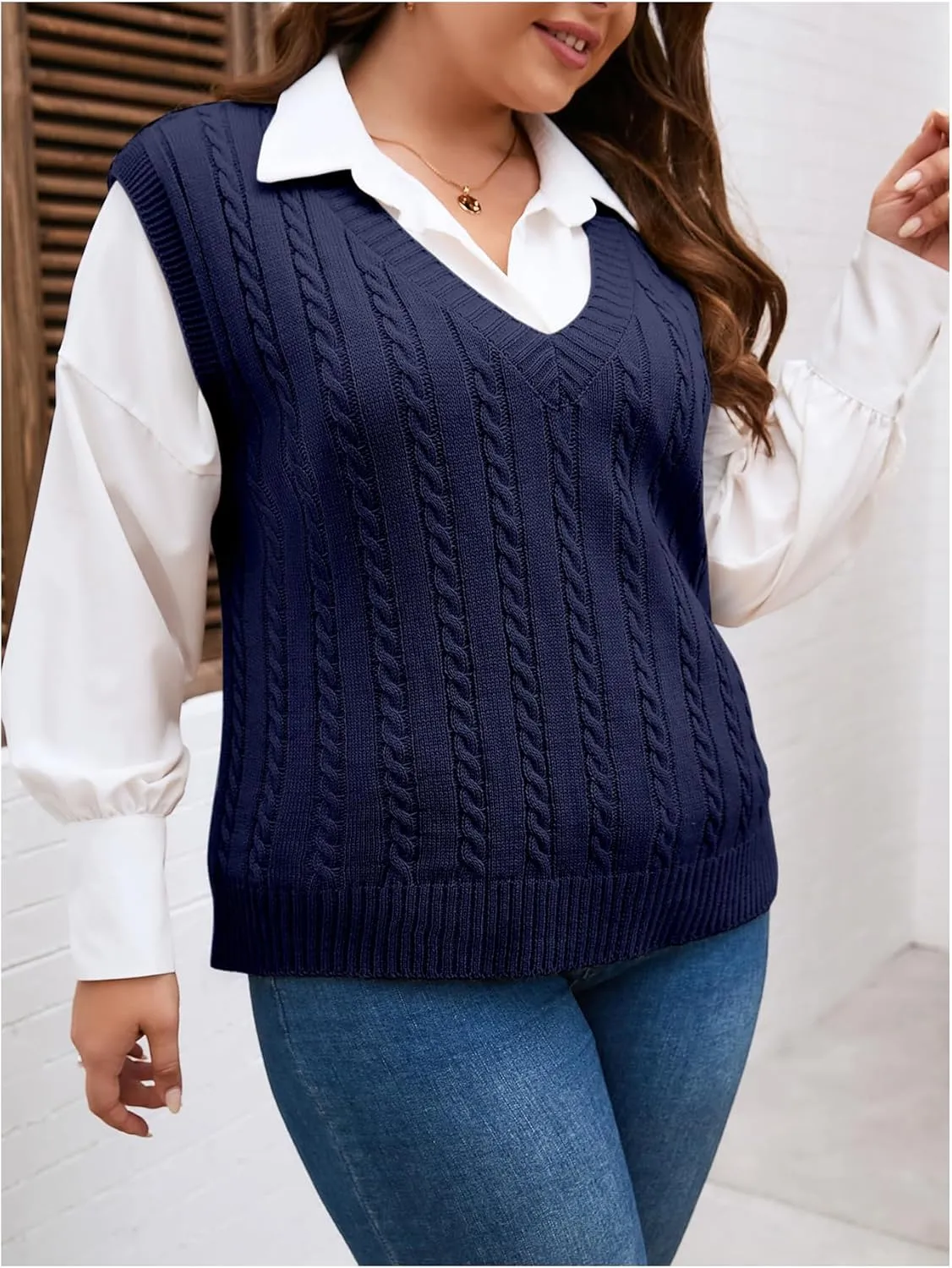 OYOANGLE Women's Plus Size Pullover Ribbed Solid Color Cable Knit Vest Top Sleeveless Stretch Sweater Vest