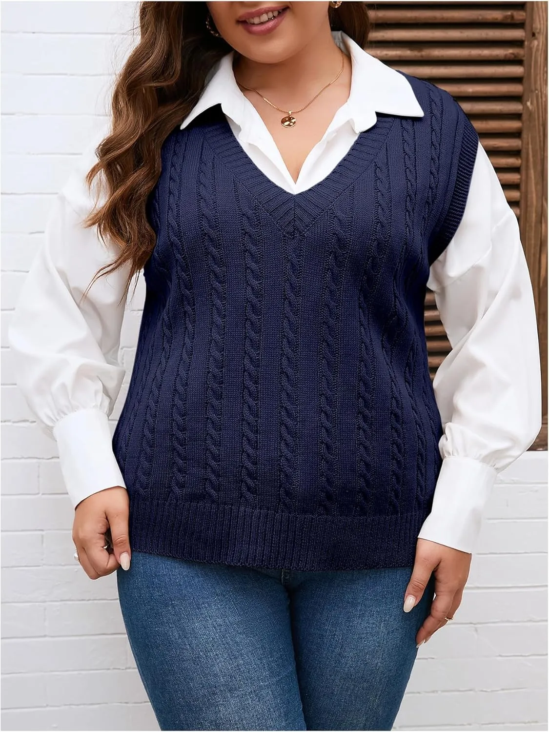 OYOANGLE Women's Plus Size Pullover Ribbed Solid Color Cable Knit Vest Top Sleeveless Stretch Sweater Vest