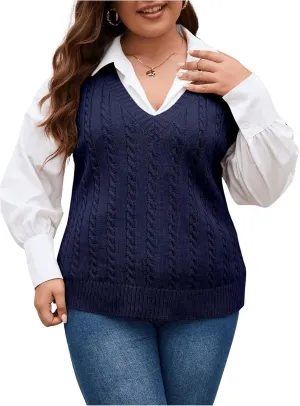 OYOANGLE Women's Plus Size Pullover Ribbed Solid Color Cable Knit Vest Top Sleeveless Stretch Sweater Vest