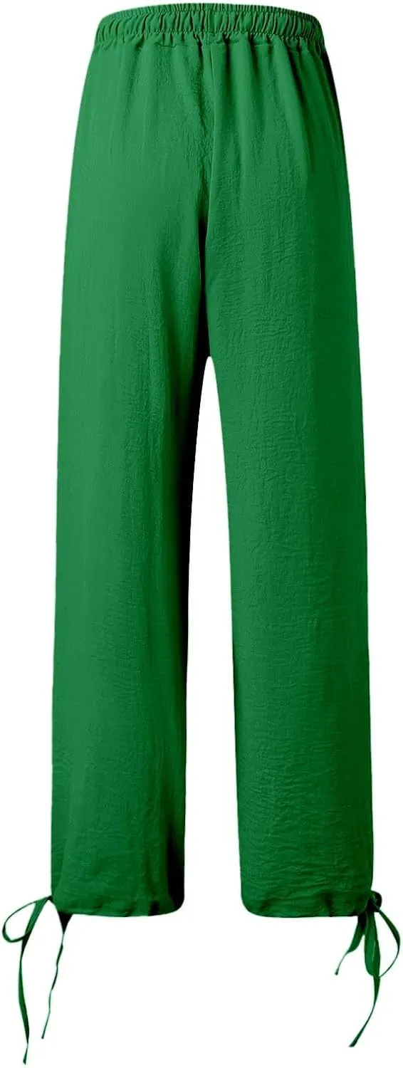 Palazzo Pants for Women Drawstring High Waist Summer Casual Boho Pants Straight Wide Leg Plus Size Loose Fit Trousers