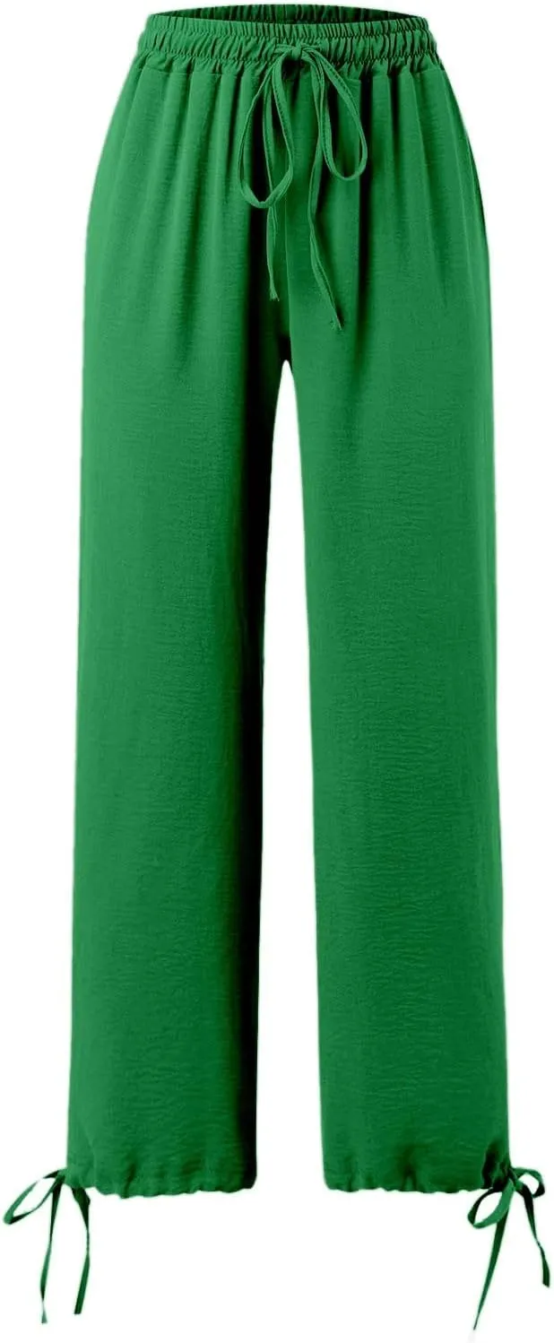 Palazzo Pants for Women Drawstring High Waist Summer Casual Boho Pants Straight Wide Leg Plus Size Loose Fit Trousers