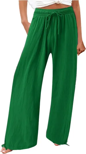 Palazzo Pants for Women Drawstring High Waist Summer Casual Boho Pants Straight Wide Leg Plus Size Loose Fit Trousers